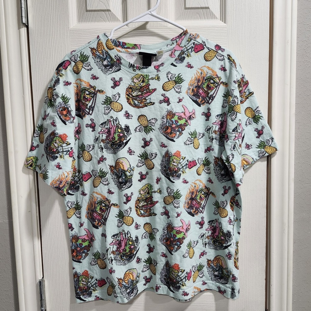 H&M SpongeBob Patrick Allover Print T Shirt Mens M Blue Cartoon Tee